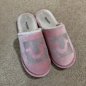 True Religion Pink Slippers with Rhinestone Logo